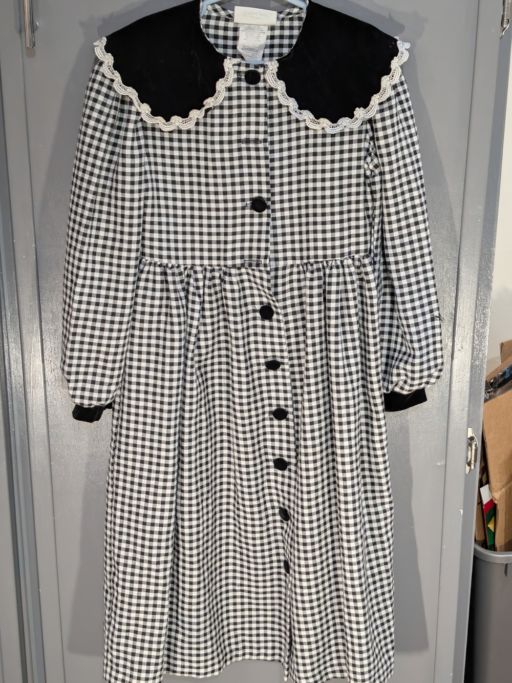 Bonnie Jean Black and White Gingham Dress with Lace-Trim Collar